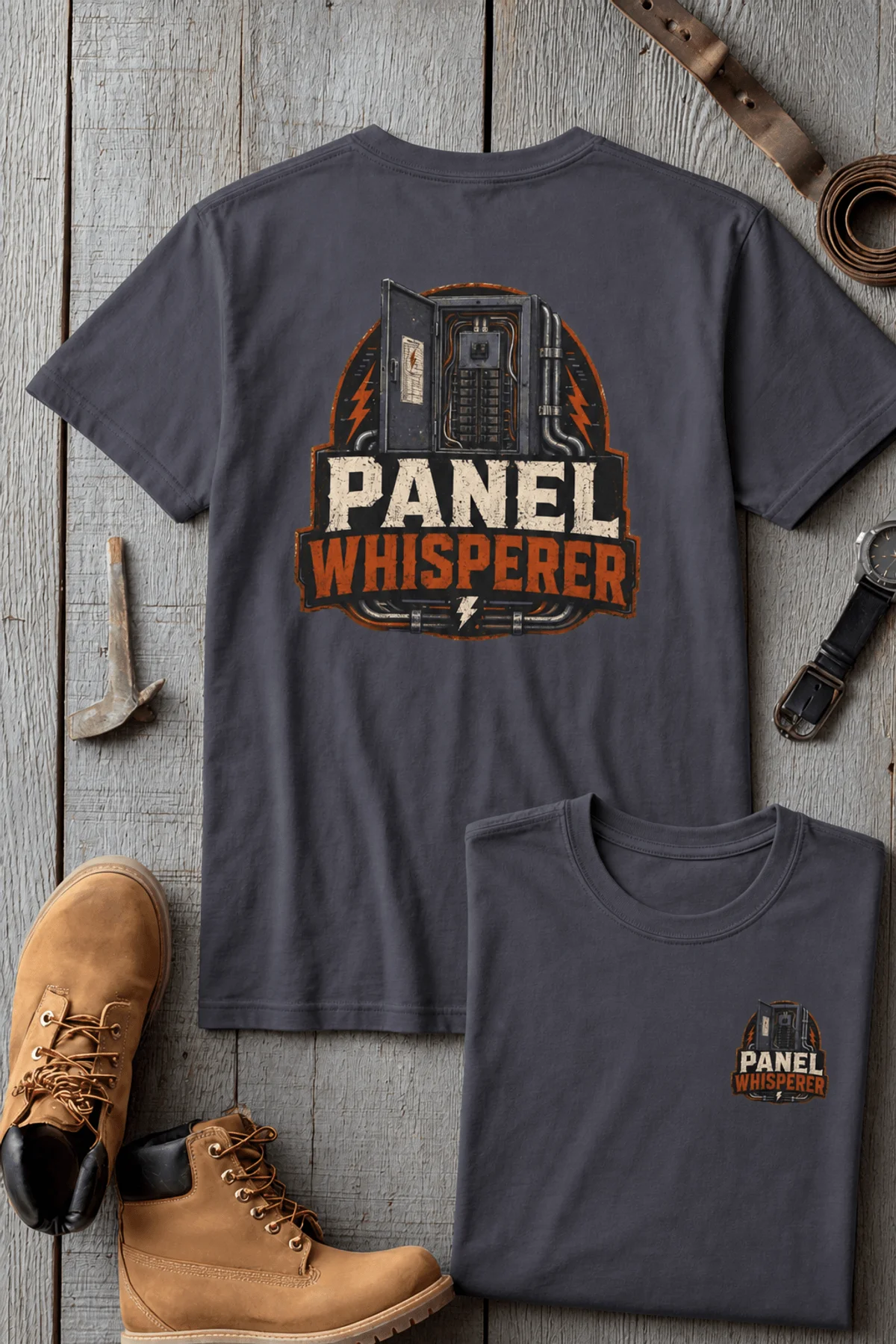 Funny Electrician Tee - "Panel Whisperer" Electrical Worker T-Shirt — navy t-shirt, flat-lay product photo | Pressure Tested Co