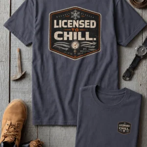 Funny HVAC Tee - "Licensed To Chill" HVAC Technician T-Shirt — navy t-shirt, flat-lay product photo | Pressure Tested Co