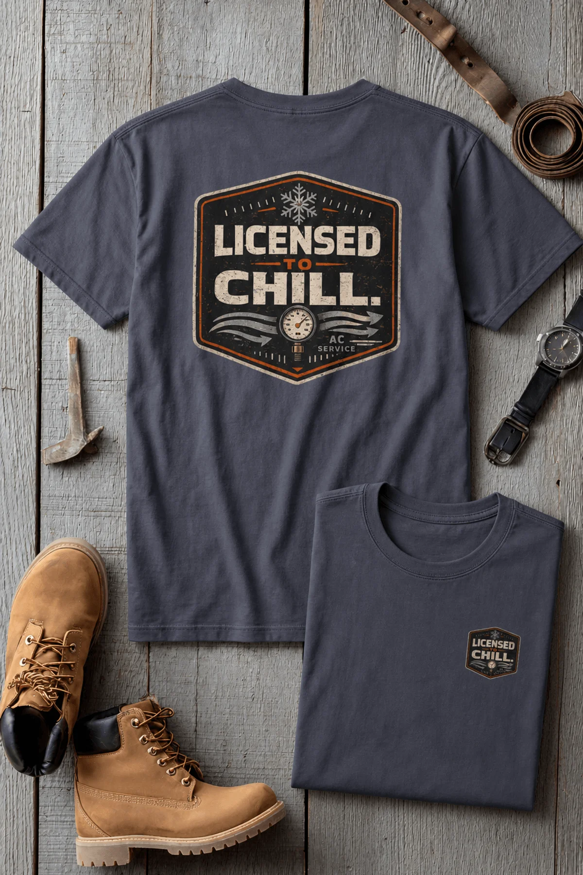 Funny HVAC Tee - "Licensed To Chill" HVAC Technician T-Shirt — navy t-shirt, flat-lay product photo | Pressure Tested Co