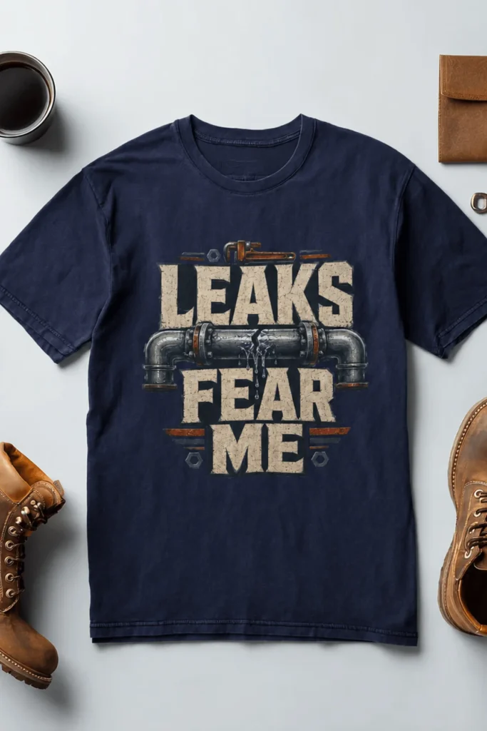 Leaks Fear Me T-Shirt - Funny Plumber Pipes Tee — navy t-shirt, flat-lay product photo | Pressure Tested Co