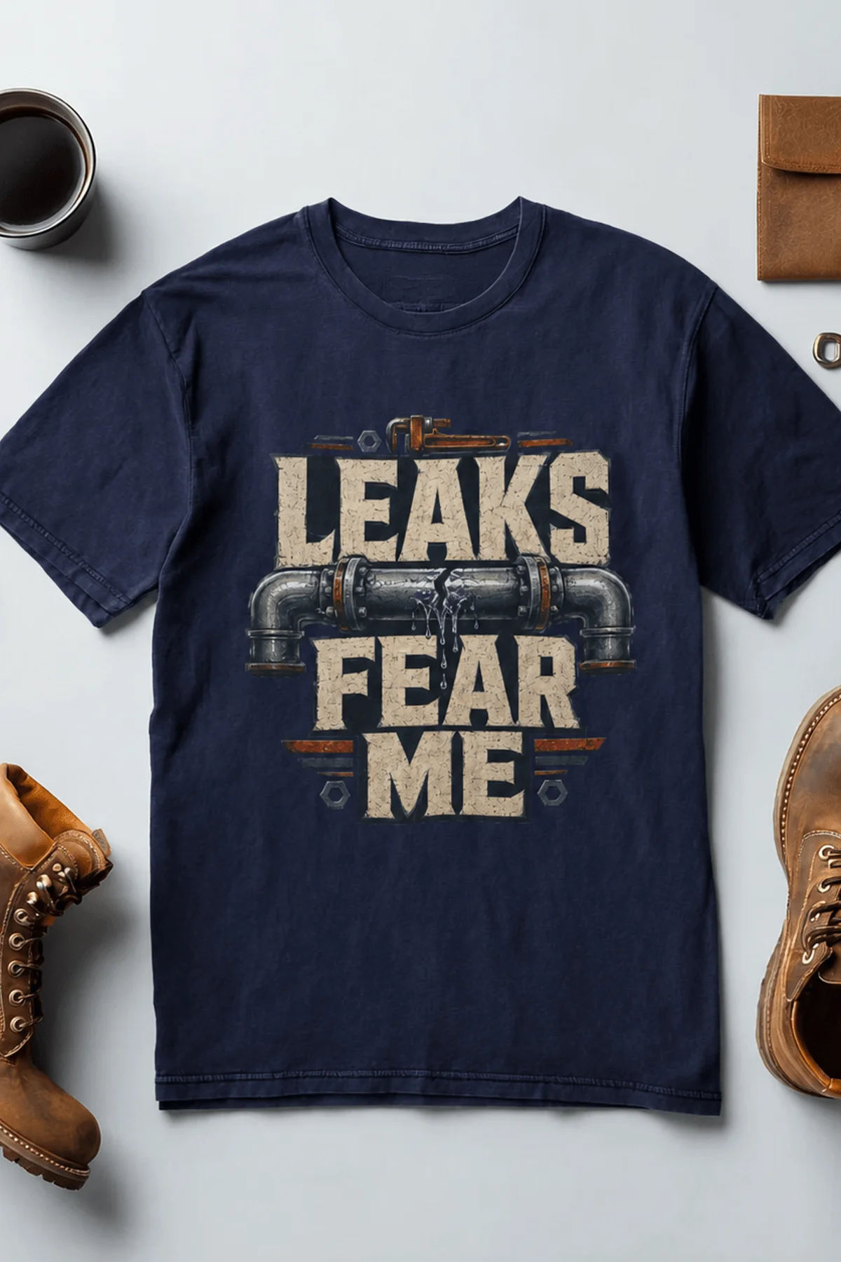 Leaks Fear Me T-Shirt - Funny Plumber Pipes Tee — navy t-shirt, flat-lay product photo | Pressure Tested Co