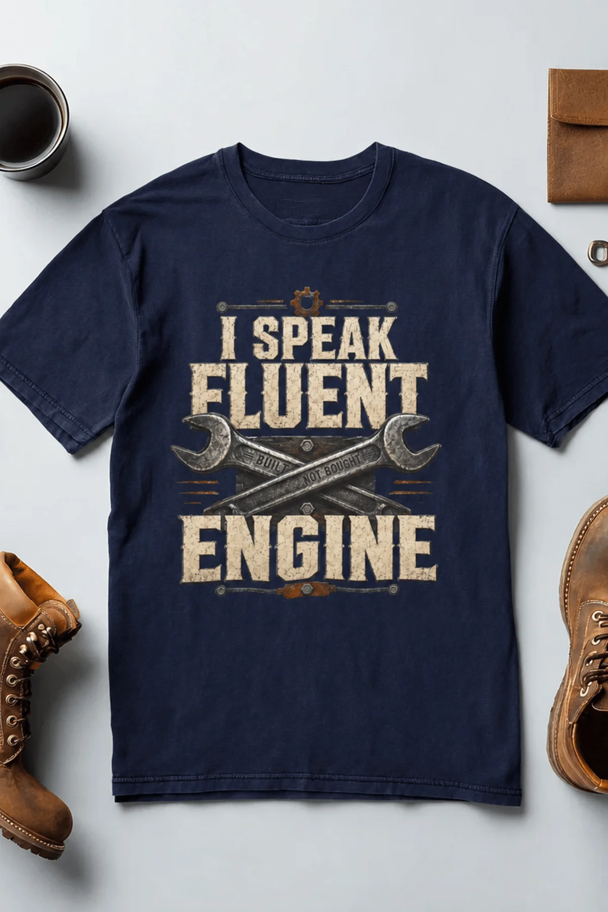 I Speak Fluent Engine T-Shirt — Mechanic Wrench Vintage Auto Repair Tee — navy — Flat-lay I Speak Fluent Engine T-Shirt — Mechanic Wrench Vintage Auto Repair Tee — navy t-shirt, flat-lay product photo | Pressure Tested Co
