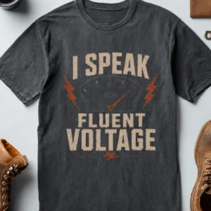 I Speak Fluent Voltage T-Shirt — Electrician & Electronics Tech Gift — navy t-shirt, flat-lay product photo | Pressure Tested Co