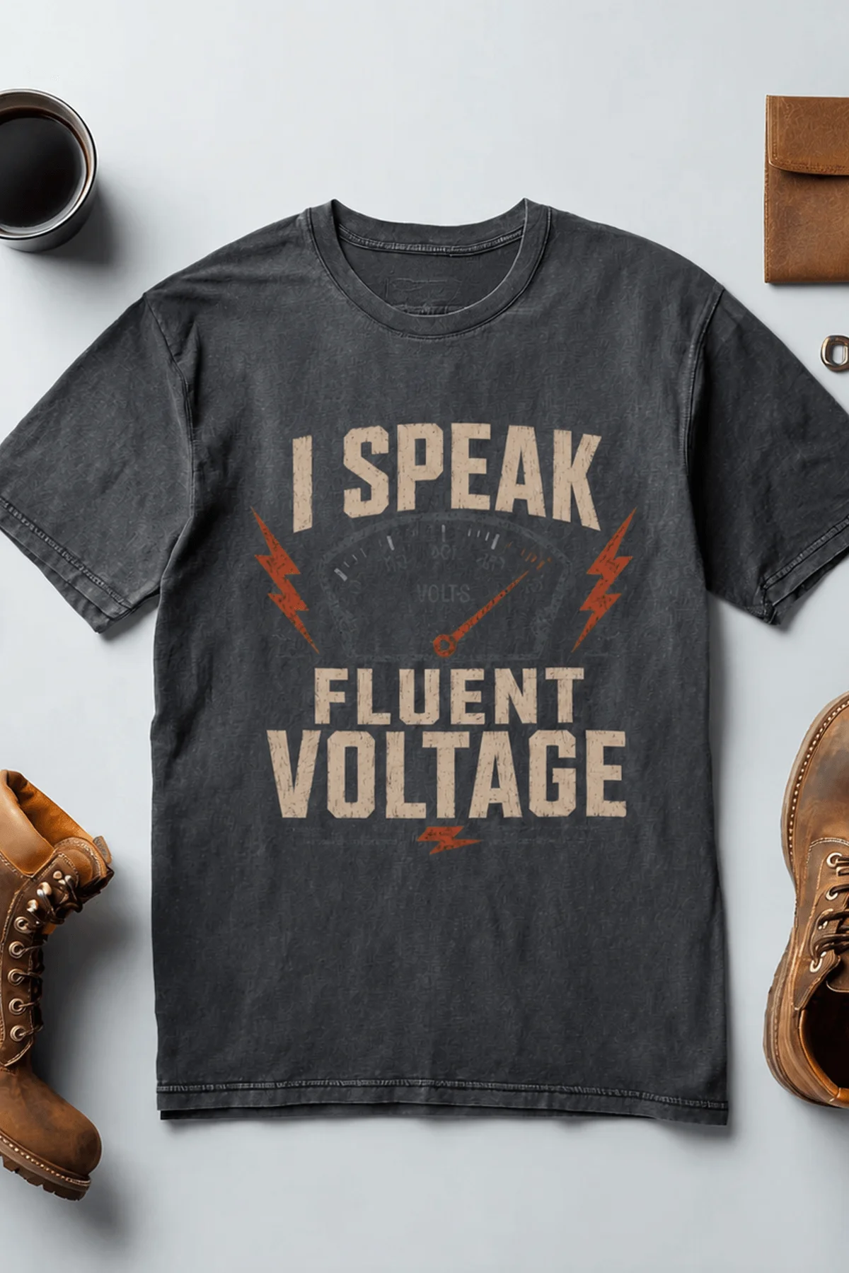 I Speak Fluent Voltage T-Shirt — Electrician & Electronics Tech Gift — navy t-shirt, flat-lay product photo | Pressure Tested Co