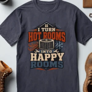 HVAC Technician T-Shirt — "I Turn Hot Rooms Into Happy Rooms" Vintage HVAC Shirt — navy t-shirt, flat-lay product photo | Pressure Tested Co