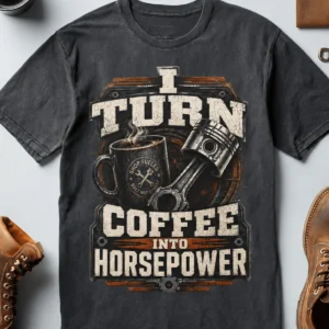 Mechanic Technician T-Shirt — "I Turn Coffee Into Horsepower" Vintage Work Shirt — navy t-shirt, flat-lay product photo | Pressure Tested Co