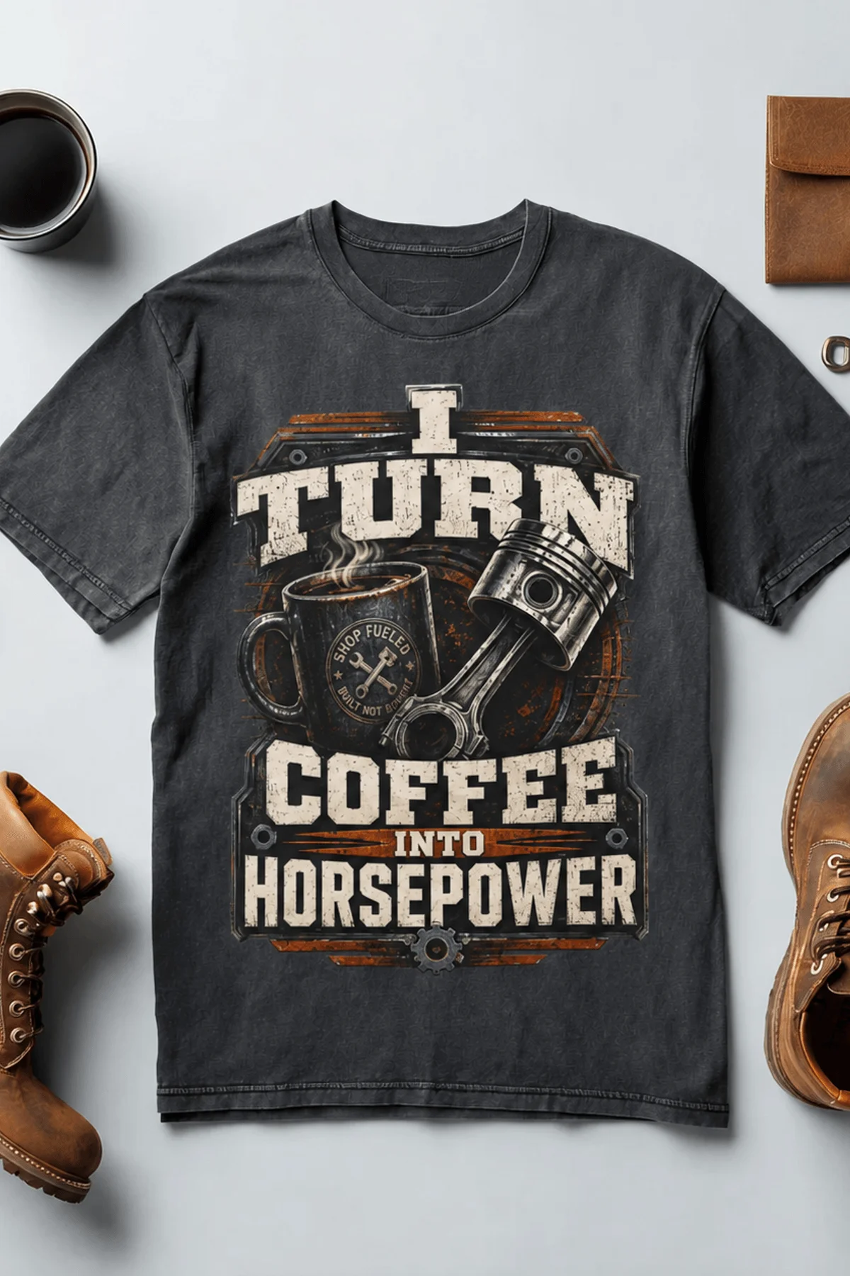 Mechanic Technician T-Shirt — "I Turn Coffee Into Horsepower" Vintage Work Shirt — navy — Flat-lay Mechanic Technician T-Shirt — "I Turn Coffee Into Horsepower" Vintage Work Shirt — navy t-shirt, flat-lay product photo | Pressure Tested Co