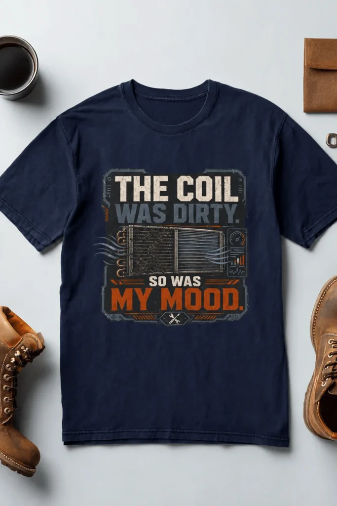HVAC Technician Tee — “THE COIL WAS DIRTY. SO WAS MY MOOD.” — navy t-shirt, flat-lay product photo | Pressure Tested Co
