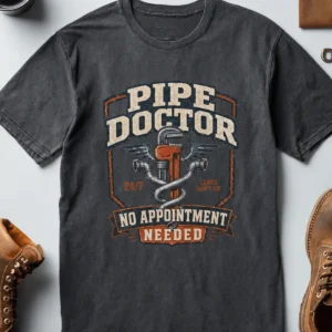 Plumber T-Shirt — "Pipe Doctor. No Appointment Needed" Vintage Work Shirt — navy t-shirt, flat-lay product photo | Pressure Tested Co