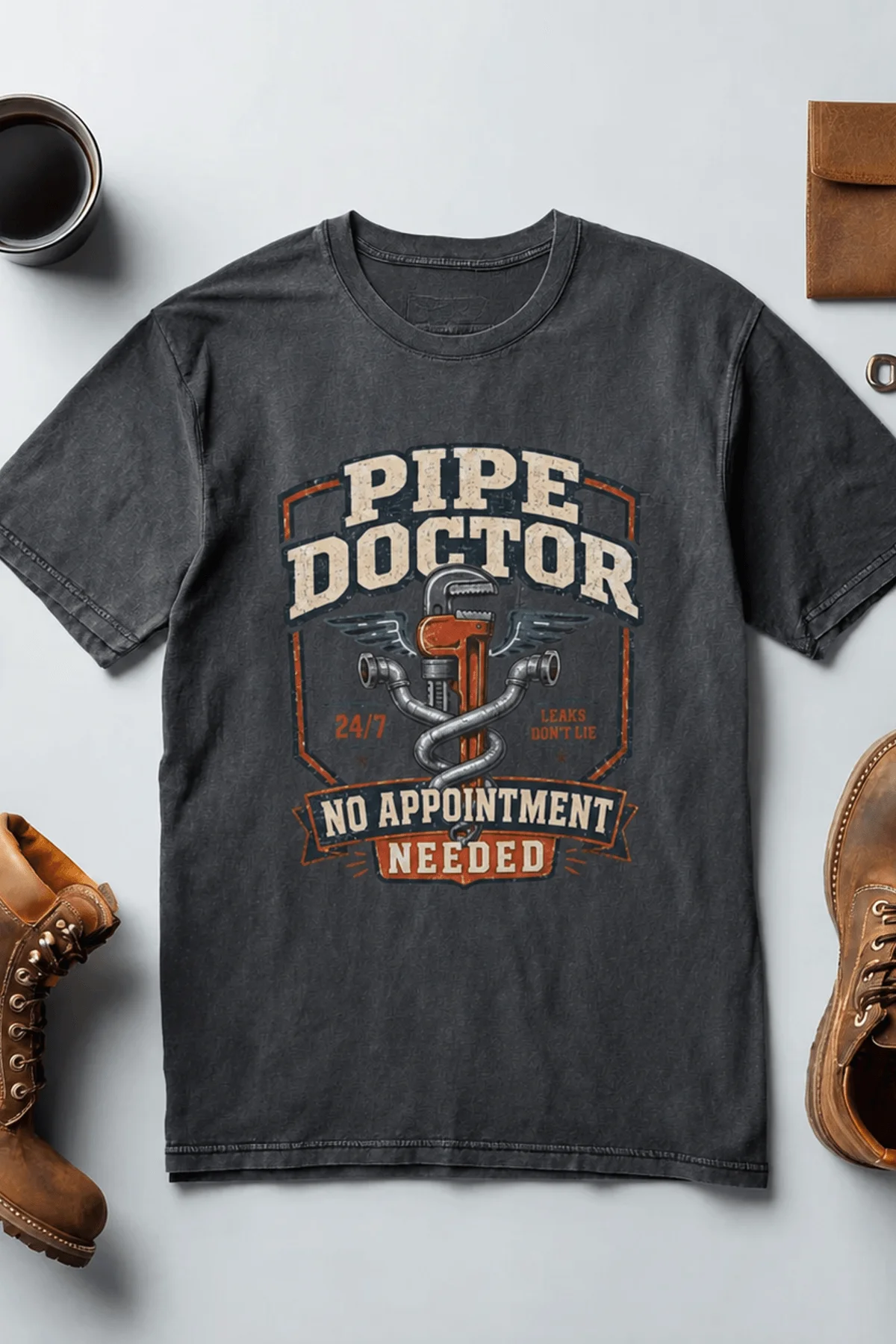 Plumber T-Shirt — "Pipe Doctor. No Appointment Needed" Vintage Work Shirt — navy — Flat-lay Plumber T-Shirt — "Pipe Doctor. No Appointment Needed" Vintage Work Shirt — navy t-shirt, flat-lay product photo | Pressure Tested Co
