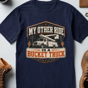Bucket Truck T-Shirt - “My Other Ride Is A Bucket Truck” Utility Crew/Electrician Tee — navy t-shirt, flat-lay product photo | Pressure Tested Co