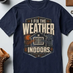 Funny HVAC Technician Tee - “I Fix The Weather Indoors.” Cooling/Furnace Shop Work Shirt — navy t-shirt, flat-lay product photo | Pressure Tested Co