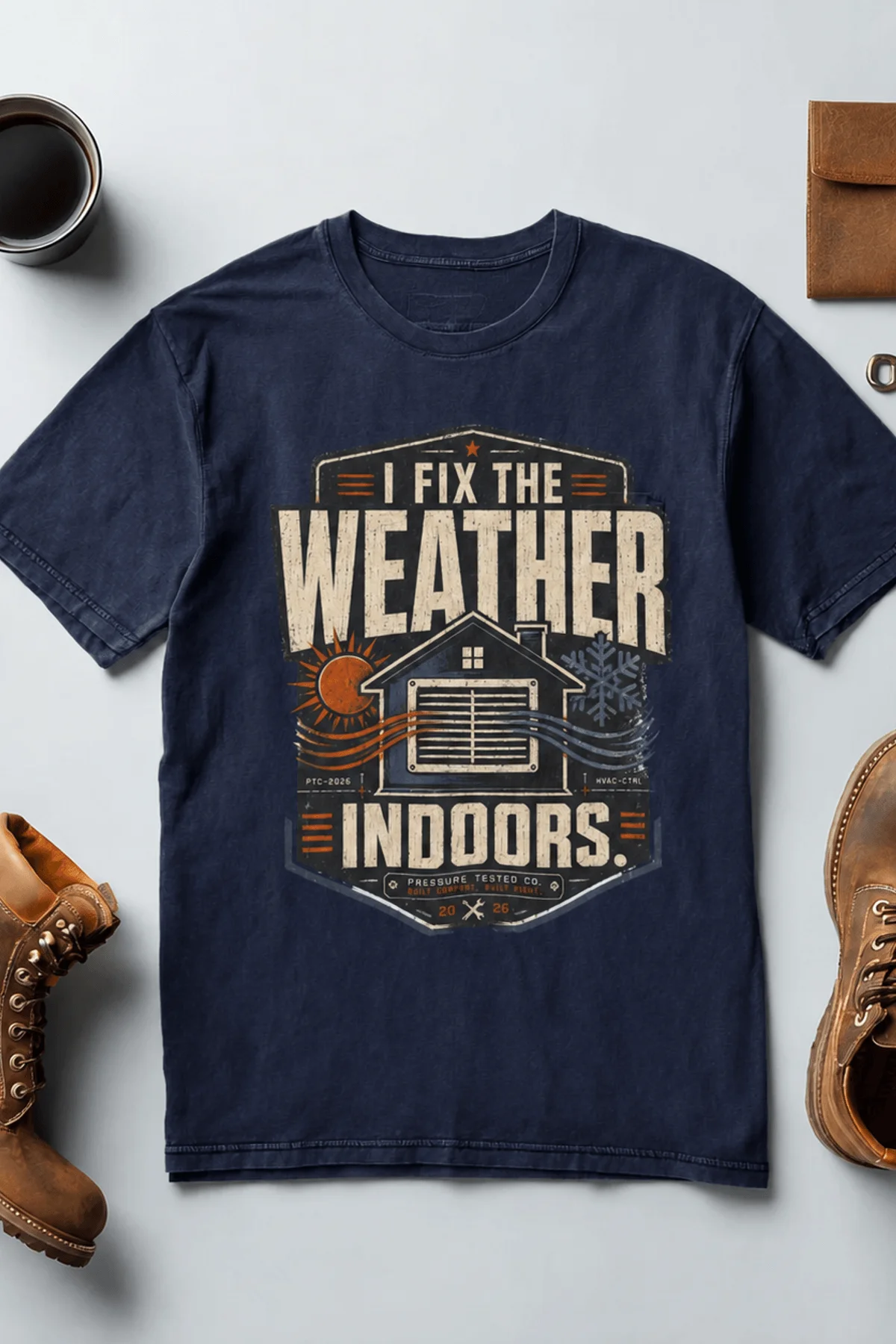 Funny HVAC Technician Tee - “I Fix The Weather Indoors.” Cooling/Furnace Shop Work Shirt — navy — Flat-lay Funny HVAC Technician Tee - “I Fix The Weather Indoors.” Cooling/Furnace Shop Work Shirt — navy t-shirt, flat-lay product photo | Pressure Tested Co