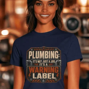 Plumbing Warning Label T-Shirt — Funny Plumber Shirt — navy t-shirt, model photo | Pressure Tested Co