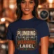 Plumbing Warning Label T-Shirt — Funny Plumber Shirt — navy t-shirt, model photo | Pressure Tested Co
