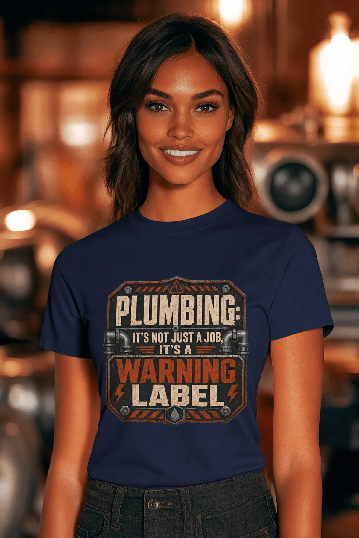 Plumbing Warning Label T-Shirt — Funny Plumber Shirt — navy t-shirt, model photo | Pressure Tested Co