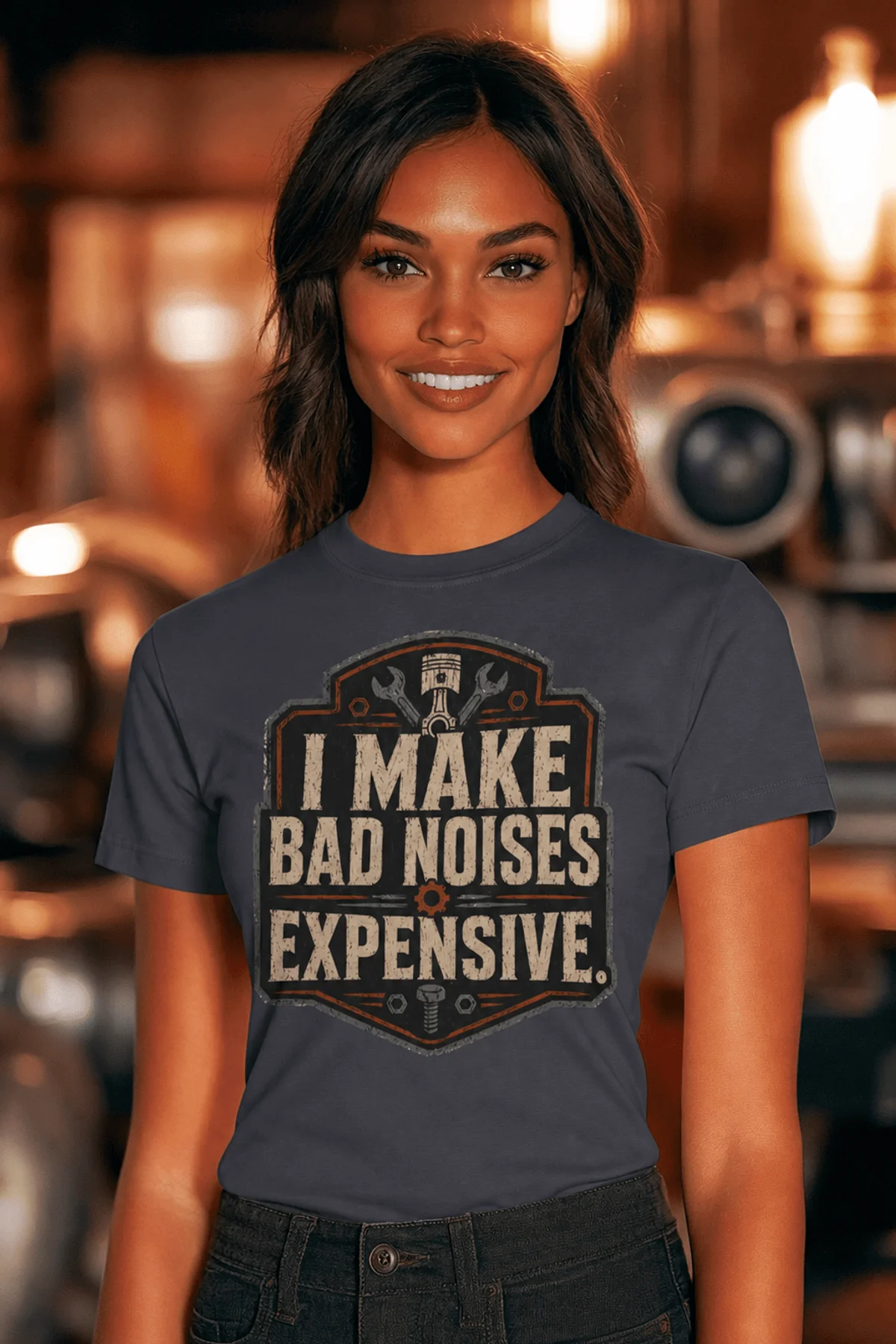 Funny Mechanic Tee - "I Make Bad Noises Expensive" Technician Worker/ Mechanic / Gearhead Tee — navy t-shirt, model photo | Pressure Tested Co