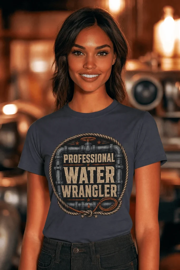 Funny Plumber Tee - "Professional Water Wrangler" Rustic Rope Graphic T-Shirt — navy t-shirt, model photo | Pressure Tested Co