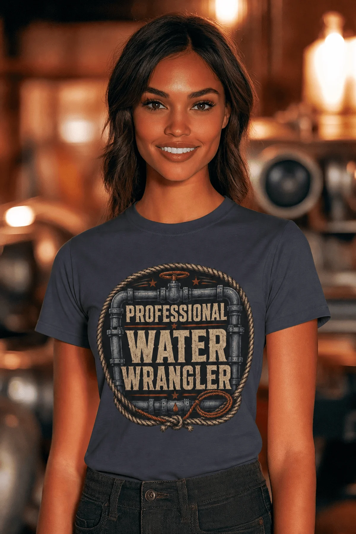 Funny Plumber Tee - "Professional Water Wrangler" Rustic Rope Graphic T-Shirt — navy t-shirt, model photo | Pressure Tested Co