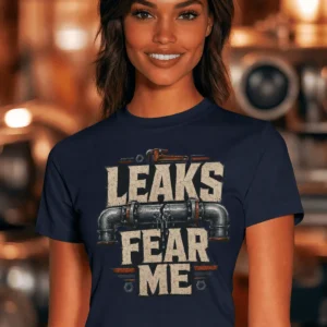 Leaks Fear Me T-Shirt - Funny Plumber Pipes Tee — navy t-shirt, model photo | Pressure Tested Co