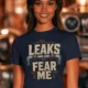 Leaks Fear Me T-Shirt - Funny Plumber Pipes Tee — navy t-shirt, model photo | Pressure Tested Co