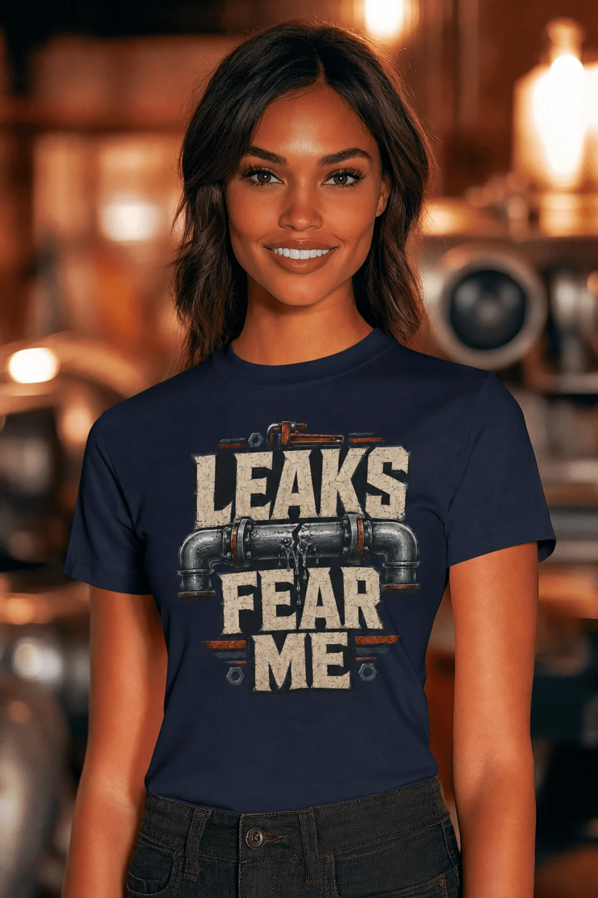 Leaks Fear Me T-Shirt - Funny Plumber Pipes Tee — navy t-shirt, model photo | Pressure Tested Co