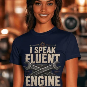 I Speak Fluent Engine T-Shirt — Mechanic Wrench Vintage Auto Repair Tee — navy t-shirt, model photo | Pressure Tested Co