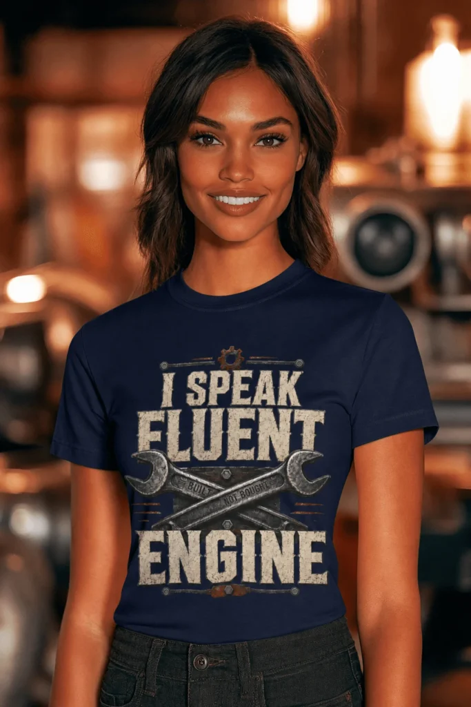 I Speak Fluent Engine T-Shirt — Mechanic Wrench Vintage Auto Repair Tee — navy t-shirt, model photo | Pressure Tested Co