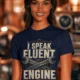 I Speak Fluent Engine T-Shirt — Mechanic Wrench Vintage Auto Repair Tee — navy — Model I Speak Fluent Engine T-Shirt — Mechanic Wrench Vintage Auto Repair Tee — navy t-shirt, model photo | Pressure Tested Co