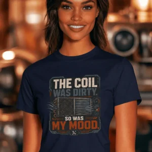 HVAC Technician Tee — “THE COIL WAS DIRTY. SO WAS MY MOOD.” — navy t-shirt, model photo | Pressure Tested Co