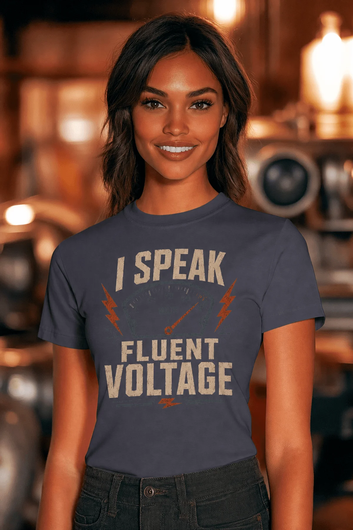 I Speak Fluent Voltage T-Shirt — Electrician & Electronics Tech Gift — navy t-shirt, model photo | Pressure Tested Co