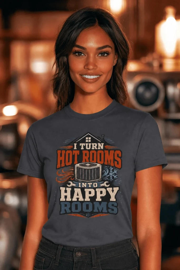 HVAC Technician T-Shirt — "I Turn Hot Rooms Into Happy Rooms" Vintage HVAC Shirt — navy t-shirt, model photo | Pressure Tested Co