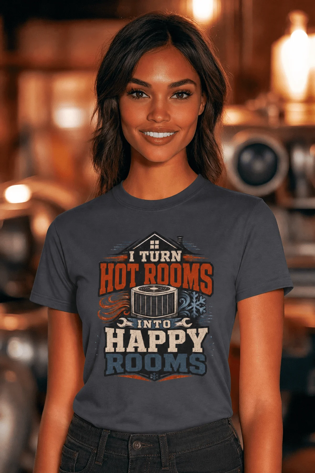HVAC Technician T-Shirt — "I Turn Hot Rooms Into Happy Rooms" Vintage HVAC Shirt — navy — Model HVAC Technician T-Shirt — "I Turn Hot Rooms Into Happy Rooms" Vintage HVAC Shirt — navy t-shirt, model photo | Pressure Tested Co