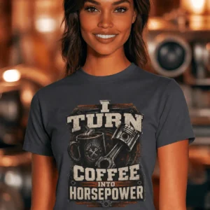 Mechanic Technician T-Shirt — "I Turn Coffee Into Horsepower" Vintage Work Shirt — navy t-shirt, model photo | Pressure Tested Co
