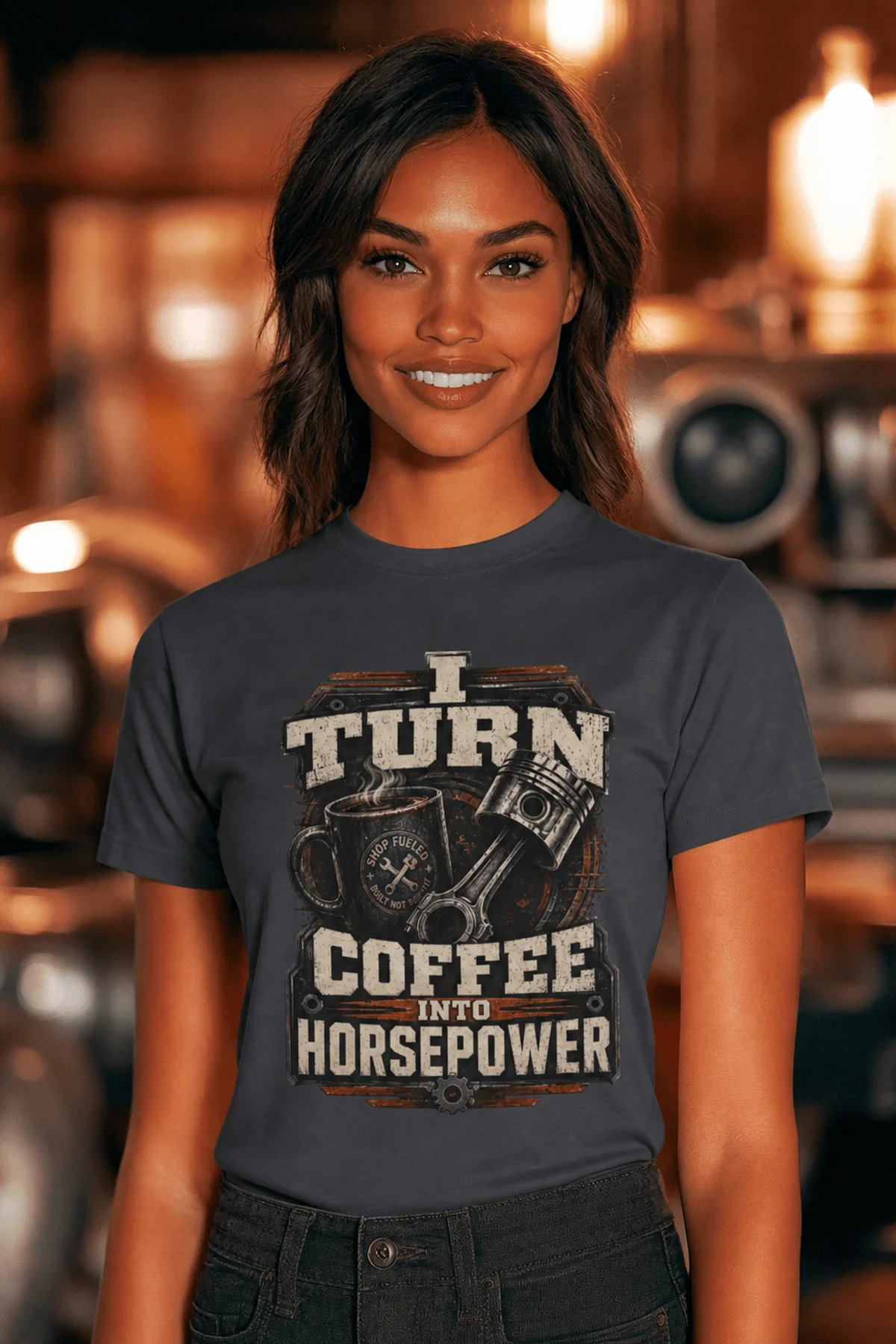 Mechanic Technician T-Shirt — "I Turn Coffee Into Horsepower" Vintage Work Shirt — navy — Model Mechanic Technician T-Shirt — "I Turn Coffee Into Horsepower" Vintage Work Shirt — navy t-shirt, model photo | Pressure Tested Co