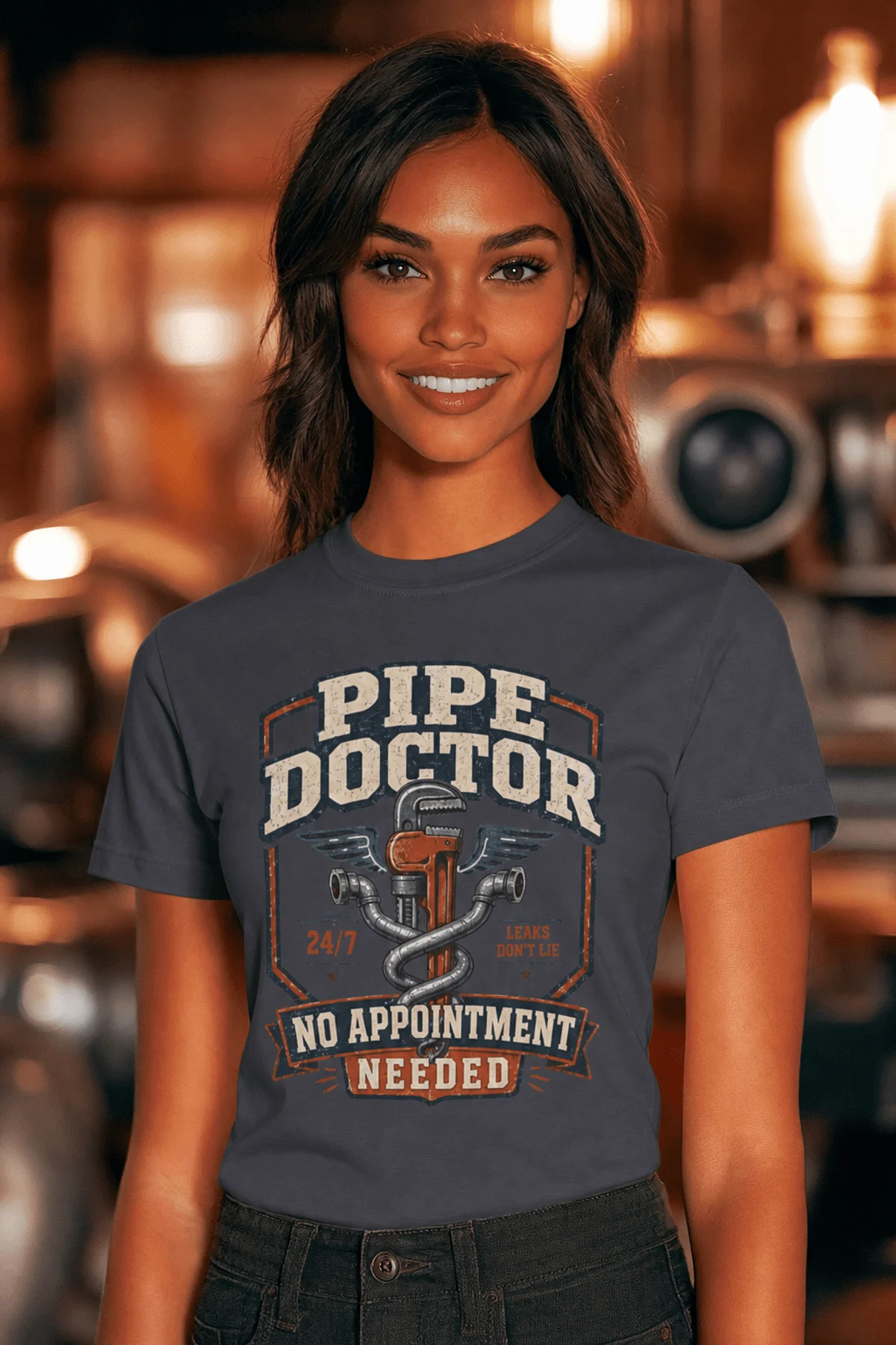 Plumber T-Shirt — "Pipe Doctor. No Appointment Needed" Vintage Work Shirt — navy — Model Plumber T-Shirt — "Pipe Doctor. No Appointment Needed" Vintage Work Shirt — navy t-shirt, model photo | Pressure Tested Co