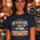 Bucket Truck T-Shirt - “My Other Ride Is A Bucket Truck” Utility Crew/Electrician Tee — navy t-shirt, model photo | Pressure Tested Co