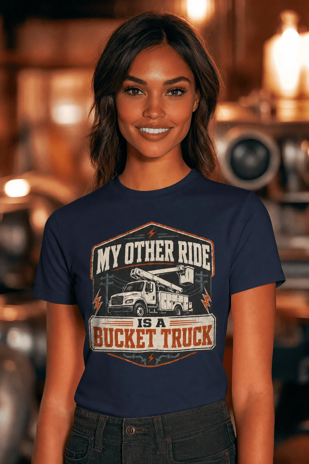 Bucket Truck T-Shirt - “My Other Ride Is A Bucket Truck” Utility Crew/Electrician Tee — navy t-shirt, model photo | Pressure Tested Co