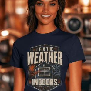 Funny HVAC Technician Tee - “I Fix The Weather Indoors.” Cooling/Furnace Shop Work Shirt — navy t-shirt, model photo | Pressure Tested Co