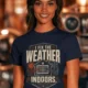 Funny HVAC Technician Tee - “I Fix The Weather Indoors.” Cooling/Furnace Shop Work Shirt — navy — Model Funny HVAC Technician Tee - “I Fix The Weather Indoors.” Cooling/Furnace Shop Work Shirt — navy t-shirt, model photo | Pressure Tested Co