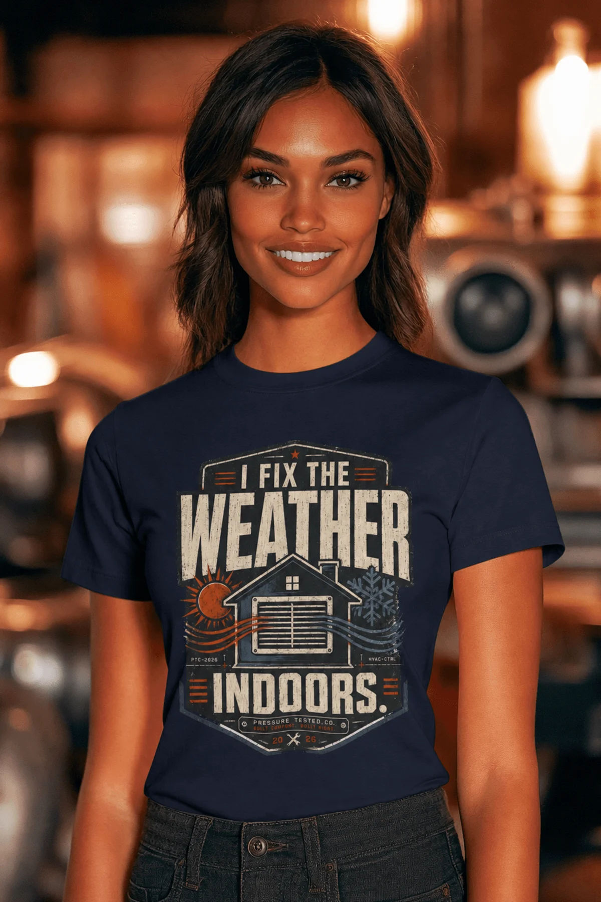 Funny HVAC Technician Tee - “I Fix The Weather Indoors.” Cooling/Furnace Shop Work Shirt — navy — Model Funny HVAC Technician Tee - “I Fix The Weather Indoors.” Cooling/Furnace Shop Work Shirt — navy t-shirt, model photo | Pressure Tested Co