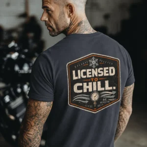 Funny HVAC Tee - "Licensed To Chill" HVAC Technician T-Shirt — navy t-shirt, model photo | Pressure Tested Co
