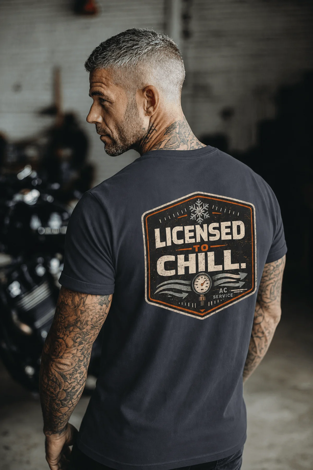 Funny HVAC Tee - "Licensed To Chill" HVAC Technician T-Shirt — navy t-shirt, model photo | Pressure Tested Co