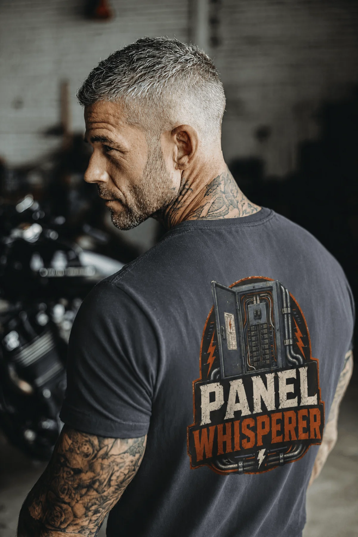 Funny Electrician Tee - "Panel Whisperer" Electrical Worker T-Shirt — navy t-shirt, model photo | Pressure Tested Co