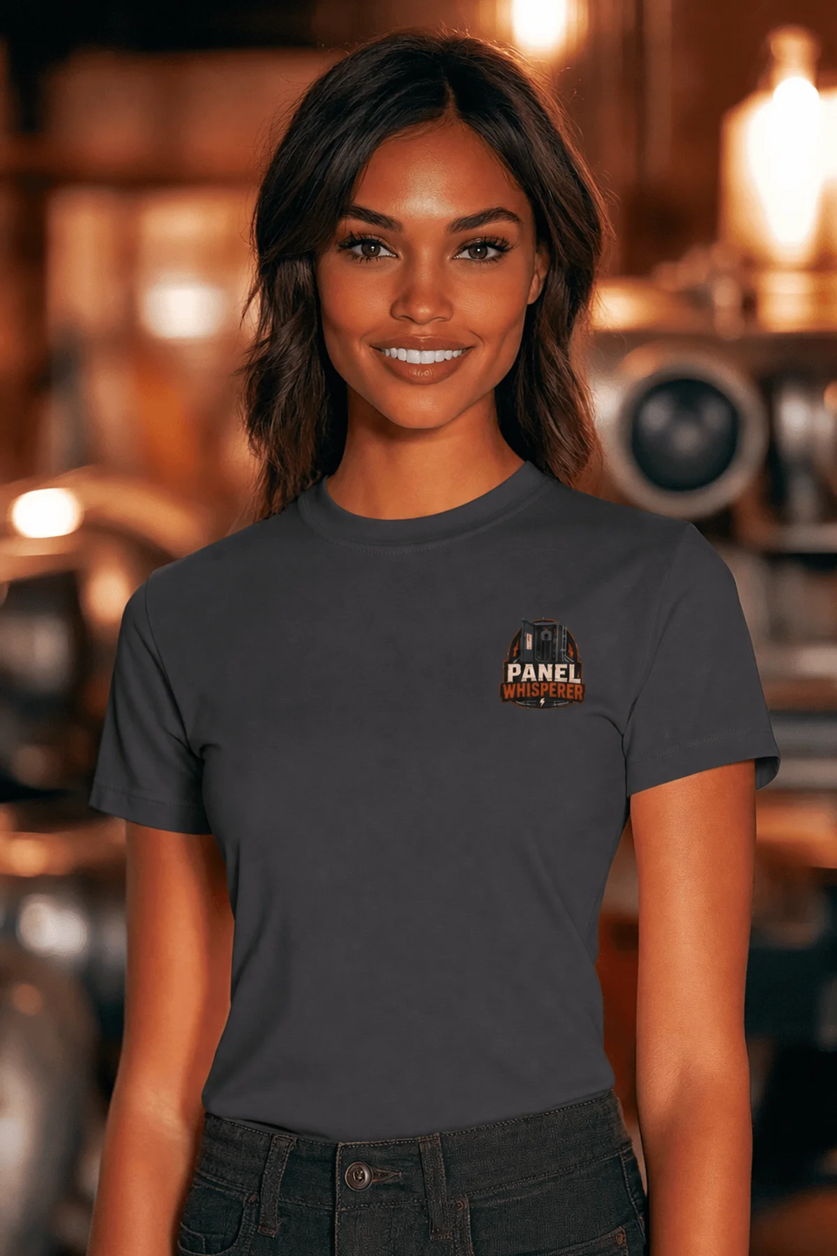 Funny Electrician Tee - "Panel Whisperer" Electrical Worker T-Shirt — navy t-shirt, model photo | Pressure Tested Co