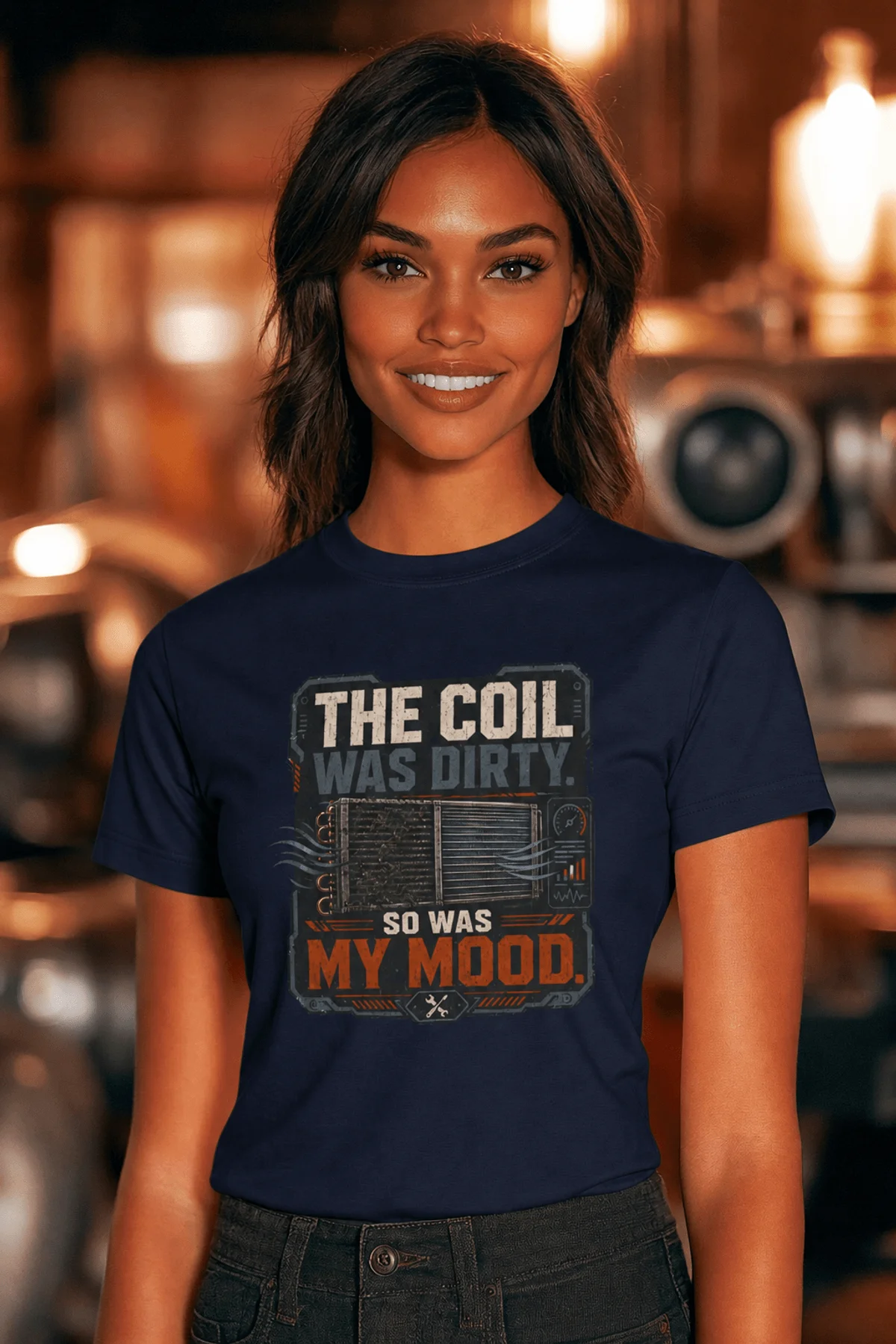 HVAC Technician Tee — “THE COIL WAS DIRTY. SO WAS MY MOOD.” — navy — Model HVAC Technician Tee — “THE COIL WAS DIRTY. SO WAS MY MOOD.” — navy t-shirt, model photo | Pressure Tested Co