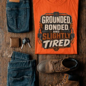Grounded, Bonded and Slightly Tired Graphic Tee — Funny Electrical Worker Shirt — orange t-shirt, flat-lay product photo | Pressure Tested Co