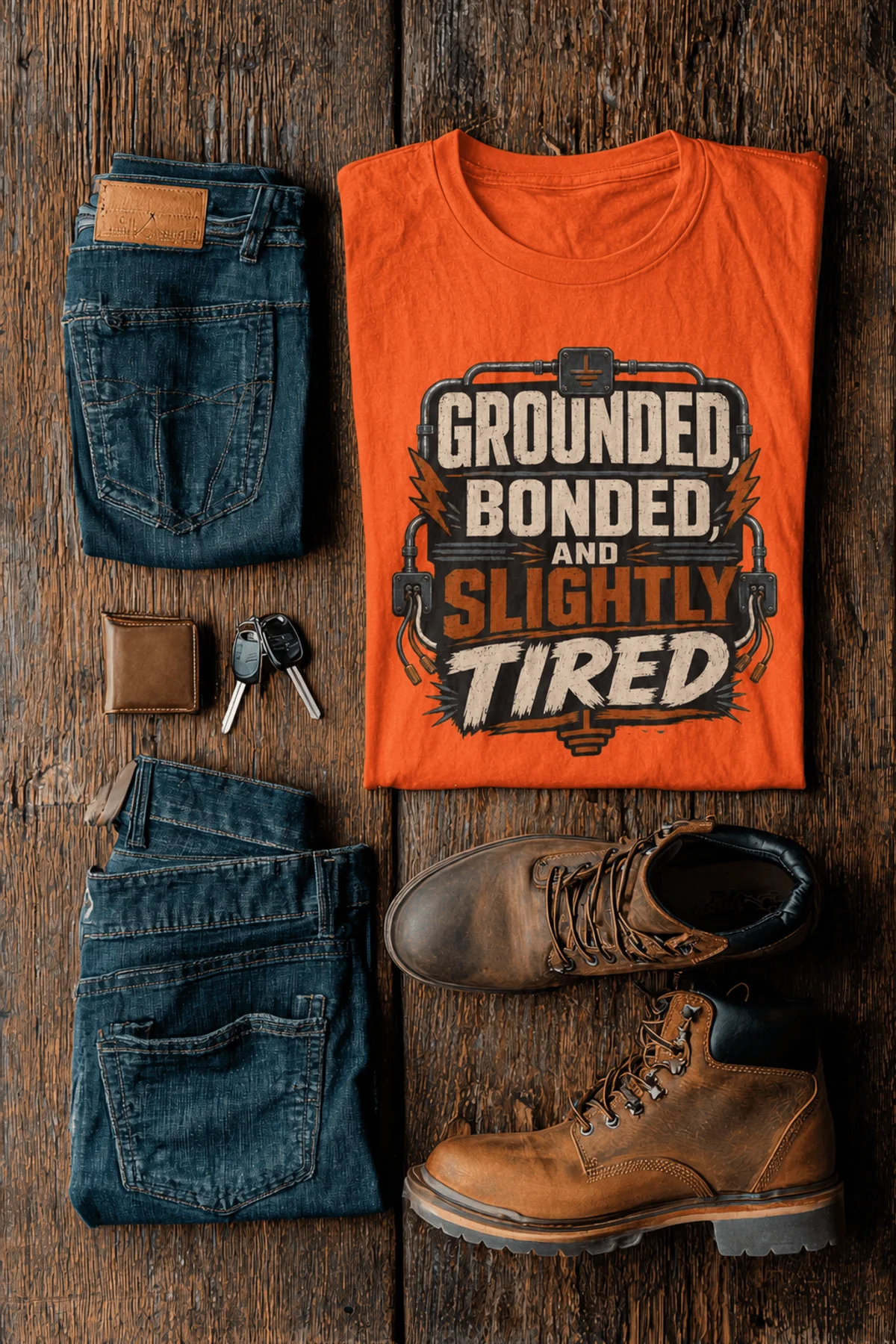 Grounded, Bonded and Slightly Tired Graphic Tee — Funny Electrical Worker Shirt — orange t-shirt, flat-lay product photo | Pressure Tested Co