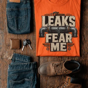 Leaks Fear Me T-Shirt - Funny Plumber Pipes Tee — orange t-shirt, flat-lay product photo | Pressure Tested Co