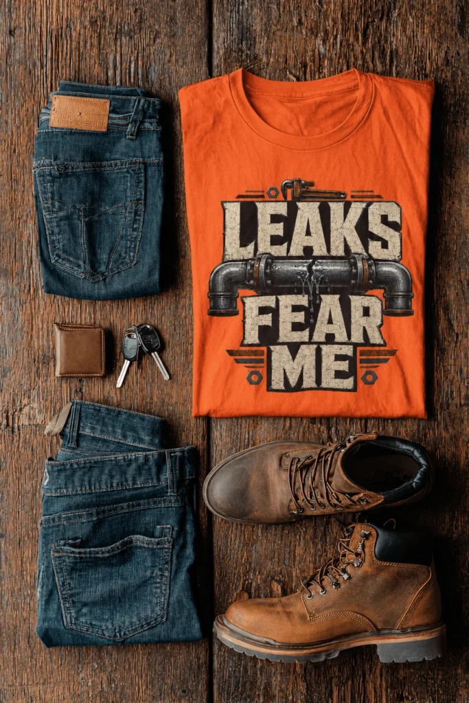 Leaks Fear Me T-Shirt - Funny Plumber Pipes Tee — orange t-shirt, flat-lay product photo | Pressure Tested Co